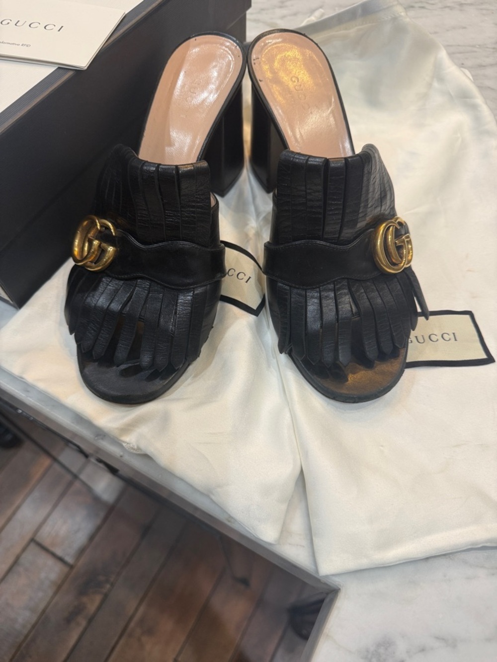 Gucci Black Leather Fringe Mule Heels with Gold GG